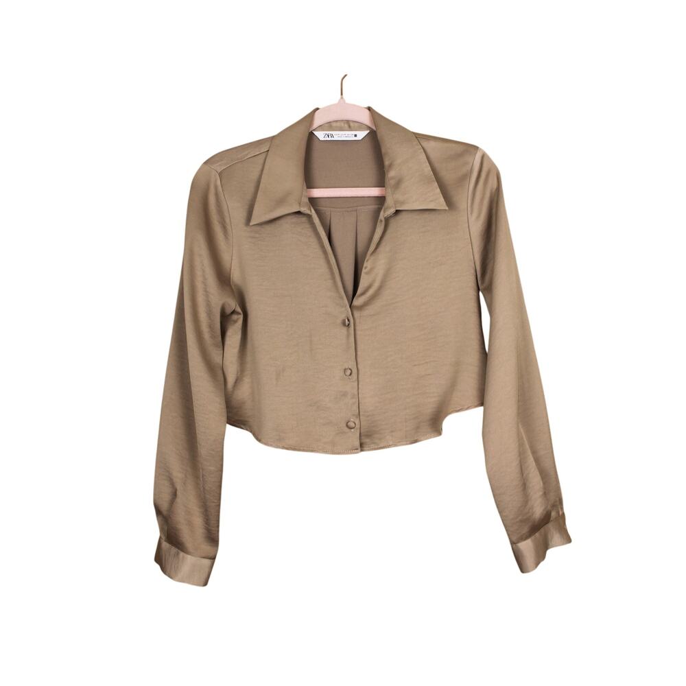 Zara Camel Brown Long Sleeve Silky Button Up Collar Crop Vneck Blouse Top Size M